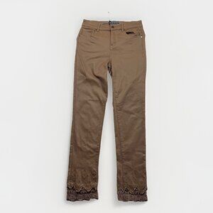 Frank Lyman Montreal Pants Brown Sz M Crochet Embellished Lace Faux Leather Boho